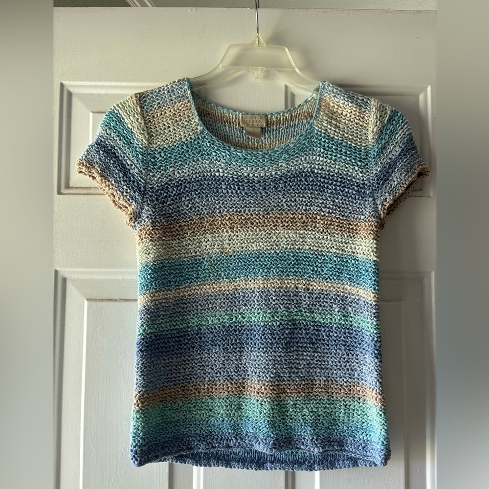 Sigrid Olsen Blue and Cream Knit Top in size Small